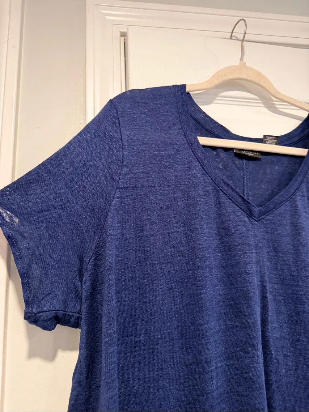 NWOT Tahari Size 3X Navy Blue 100% Linen V Neck Short Sleeve Relaxed Fit Top - Picture 3 of 7